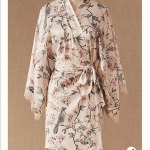 Anthropologie Cream Floral & Bird Satin Robe
